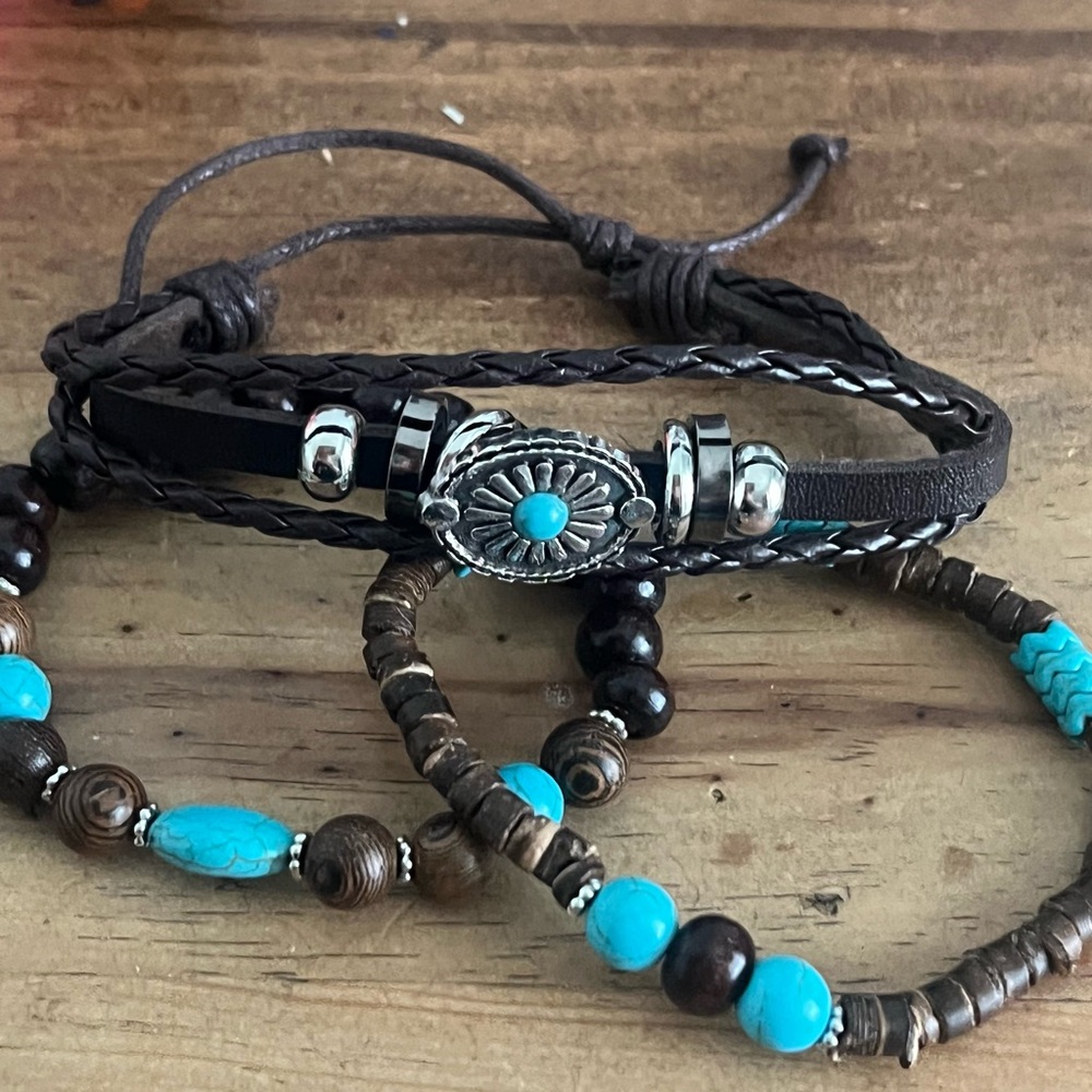 Western Turquoise and Brown Beaded Bracelet Set (3 bracelet)